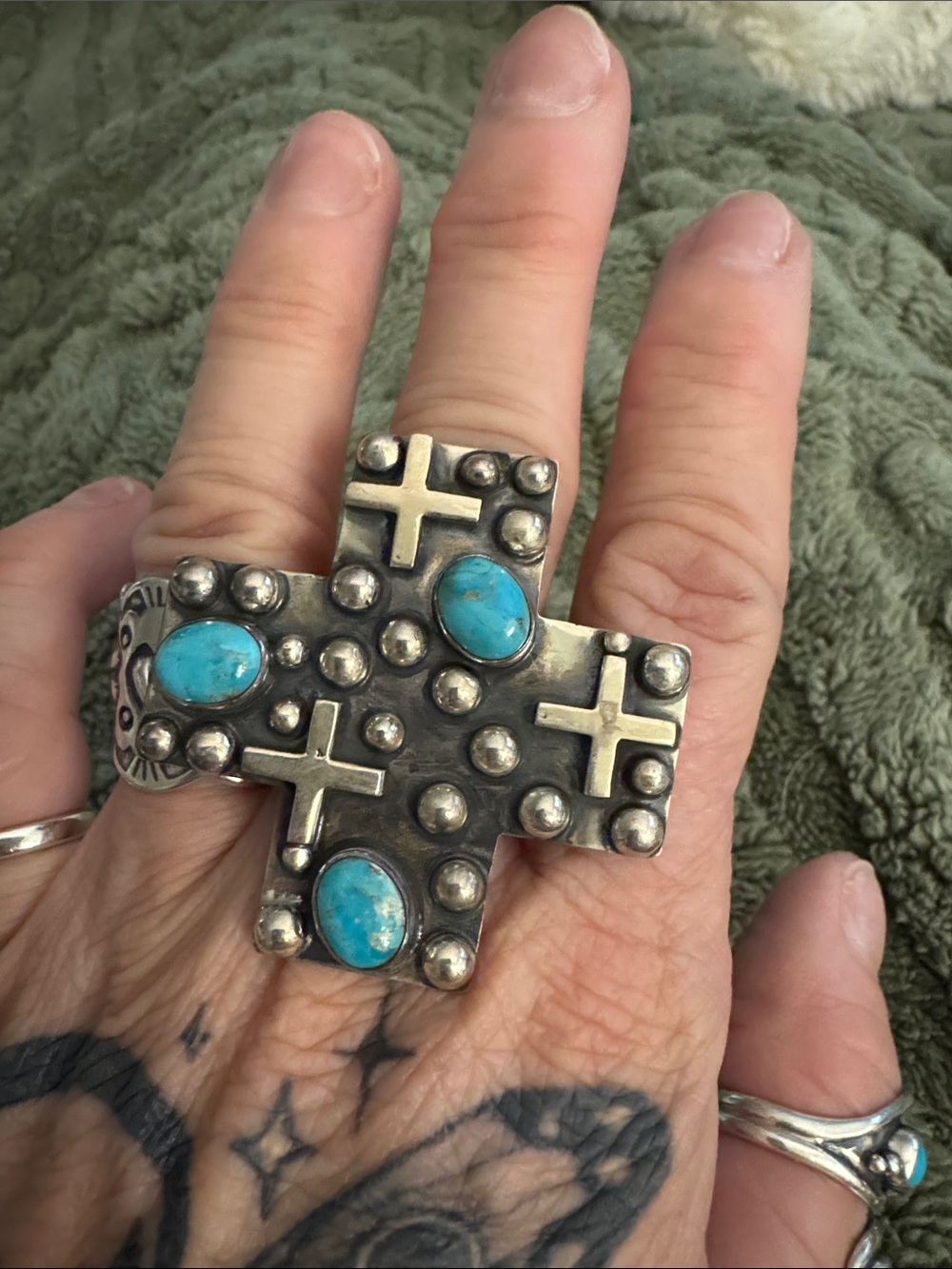 Cross Statement Ring with kingman Turquoise Accents - 925 Silver